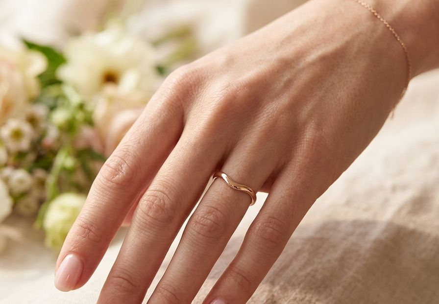 hand A narrow 18 carat yellow gold wedding ring. This has a U shape which makes the placing of a cluster or even a solitaire engagement ring that much easier to place against as it will sit with the 'U'