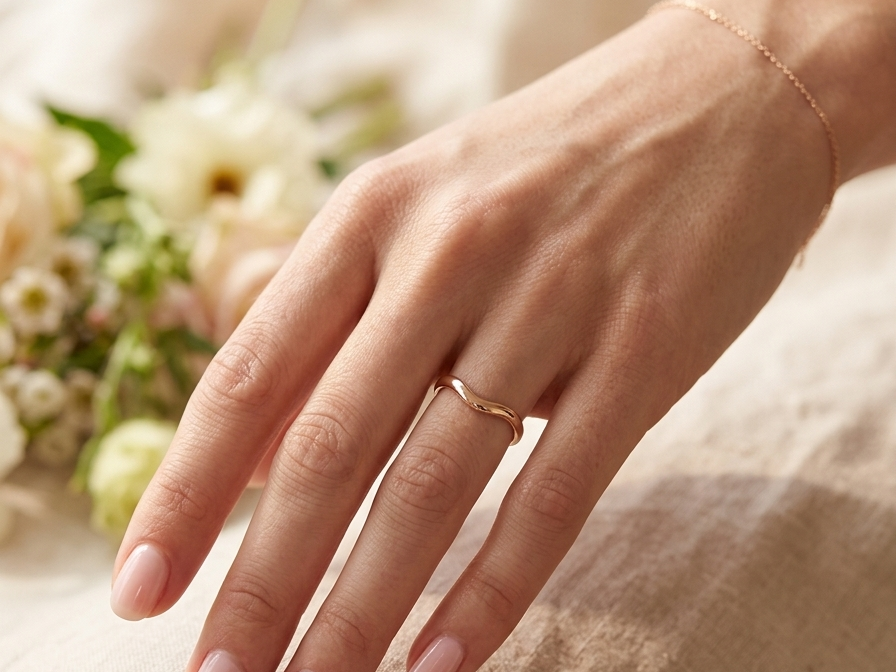 hand A narrow 18 carat yellow gold wedding ring. This has a U shape which makes the placing of a cluster or even a solitaire engagement ring that much easier to place against as it will sit with the 'U'