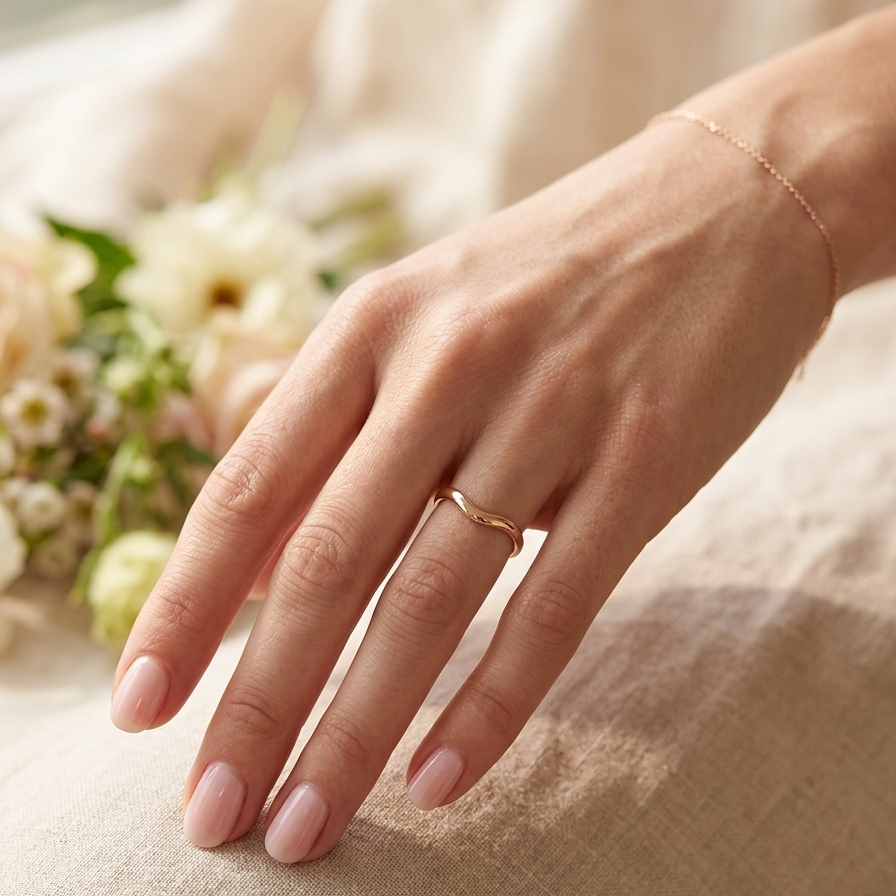 hand A narrow 18 carat yellow gold wedding ring. This has a U shape which makes the placing of a cluster or even a solitaire engagement ring that much easier to place against as it will sit with the 'U'