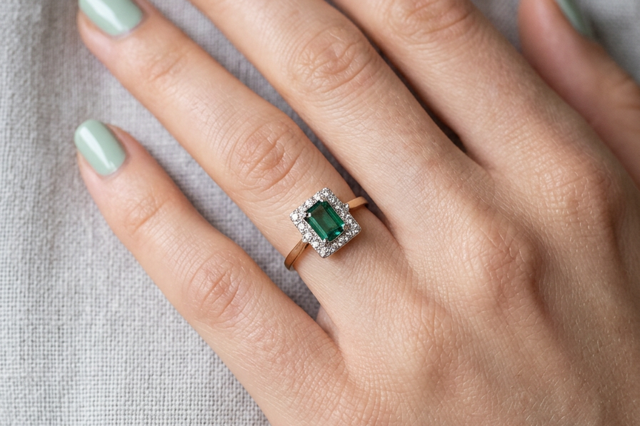 hand A near new cluster ring that shows no sign of wear, seems unworn.
Features a deep mint green tourmaline gemstone,