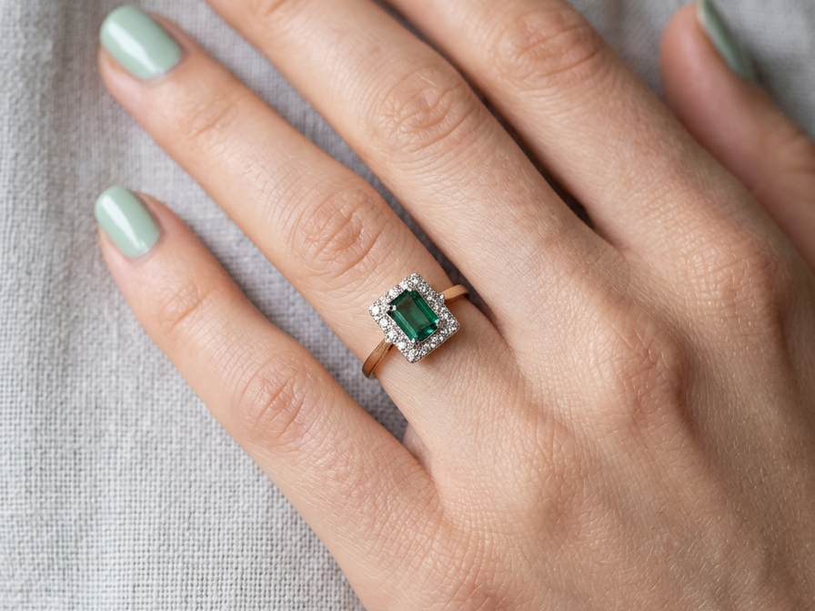 hand A near new cluster ring that shows no sign of wear, seems unworn.
Features a deep mint green tourmaline gemstone,
