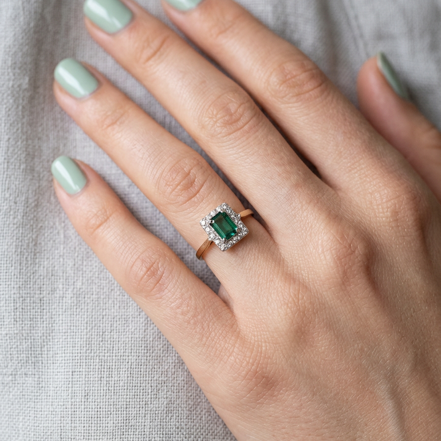 hand A near new cluster ring that shows no sign of wear, seems unworn.
Features a deep mint green tourmaline gemstone,
