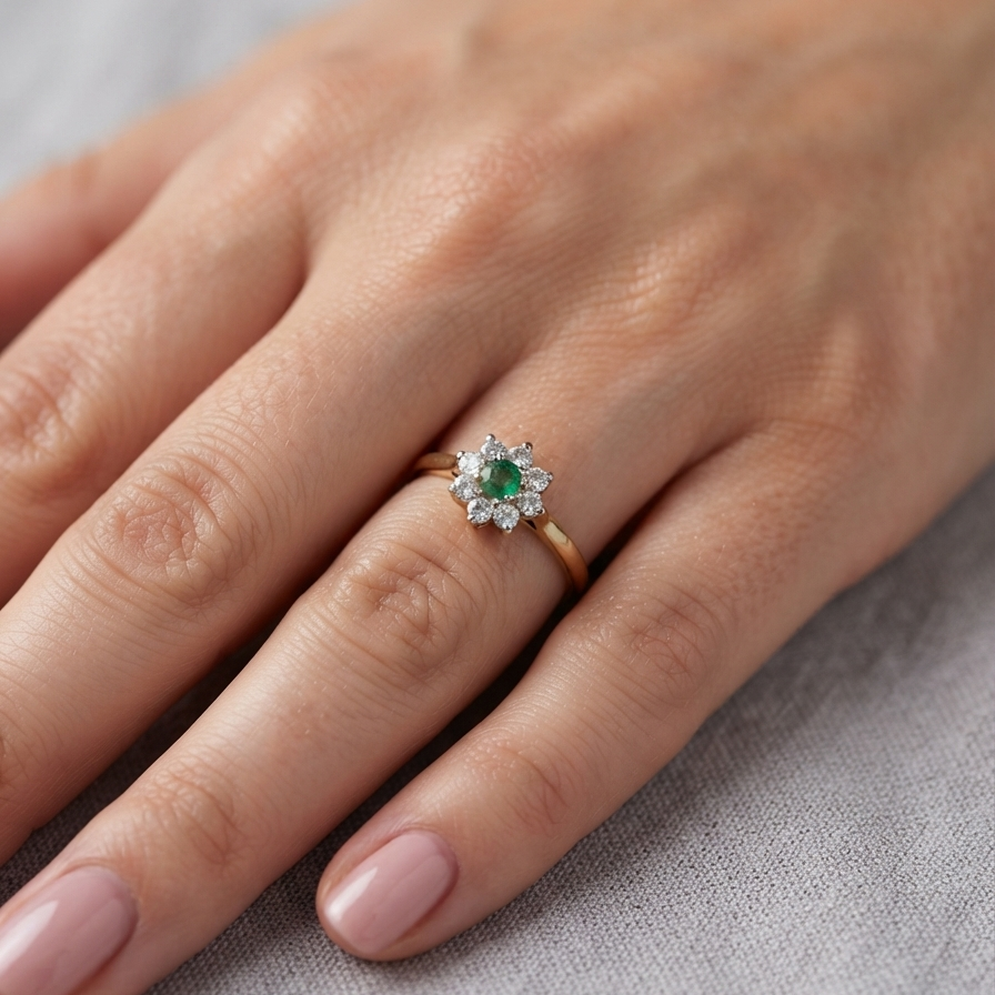 A close-up of a hand wearing a gold ring with a green oval gemstone surrounded by small clear stones, resting on a textured light gray fabric background.