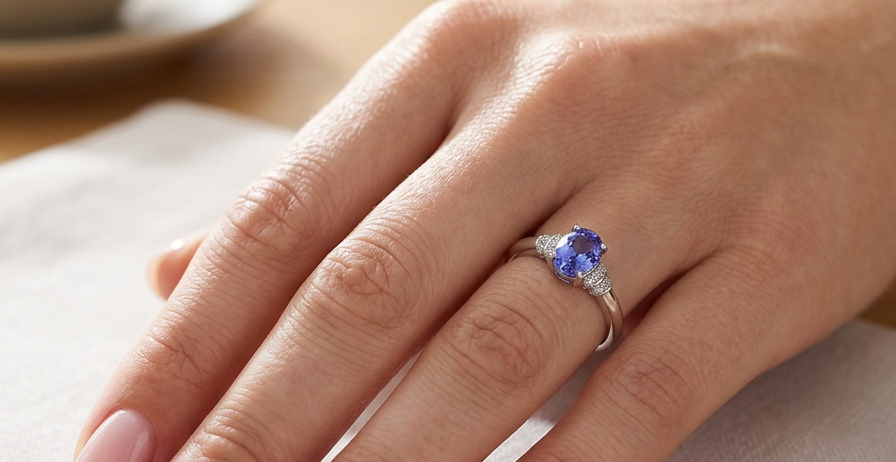hand A pretty 18 carat white gold ring that features an AAA Tanzanite gem stone. Displaying tones of purple and lilac the stone is oval cut at around 8x6mm (1.47 carat approx)