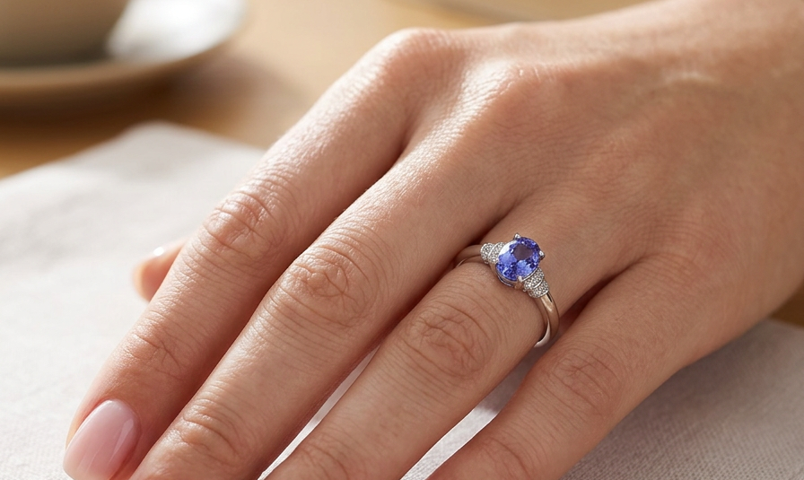 hand A pretty 18 carat white gold ring that features an AAA Tanzanite gem stone. Displaying tones of purple and lilac the stone is oval cut at around 8x6mm (1.47 carat approx)