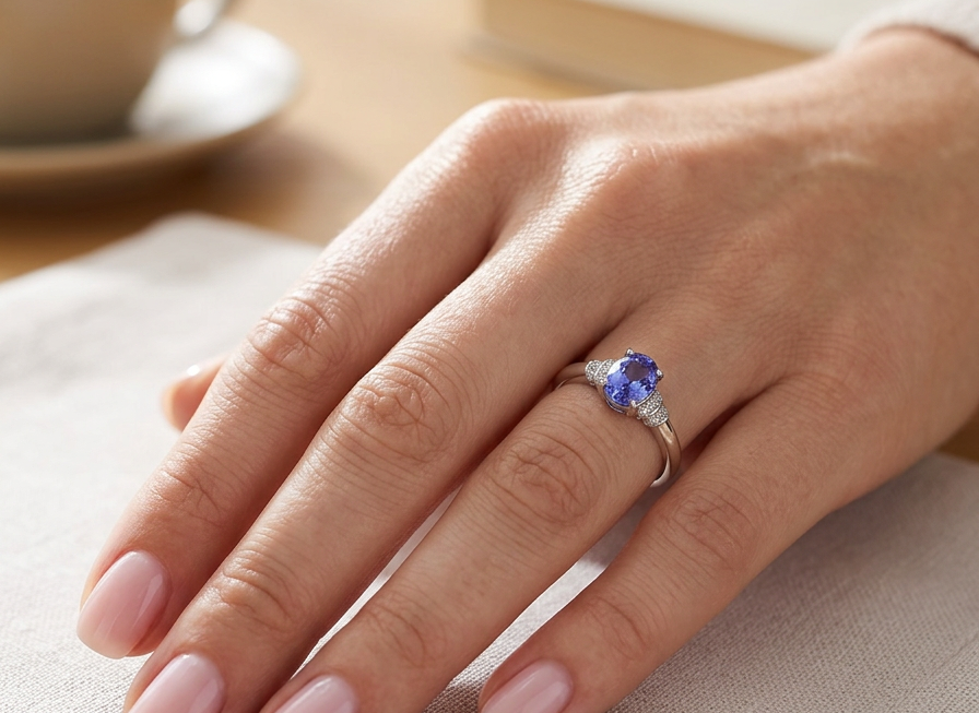 hand A pretty 18 carat white gold ring that features an AAA Tanzanite gem stone. Displaying tones of purple and lilac the stone is oval cut at around 8x6mm (1.47 carat approx)