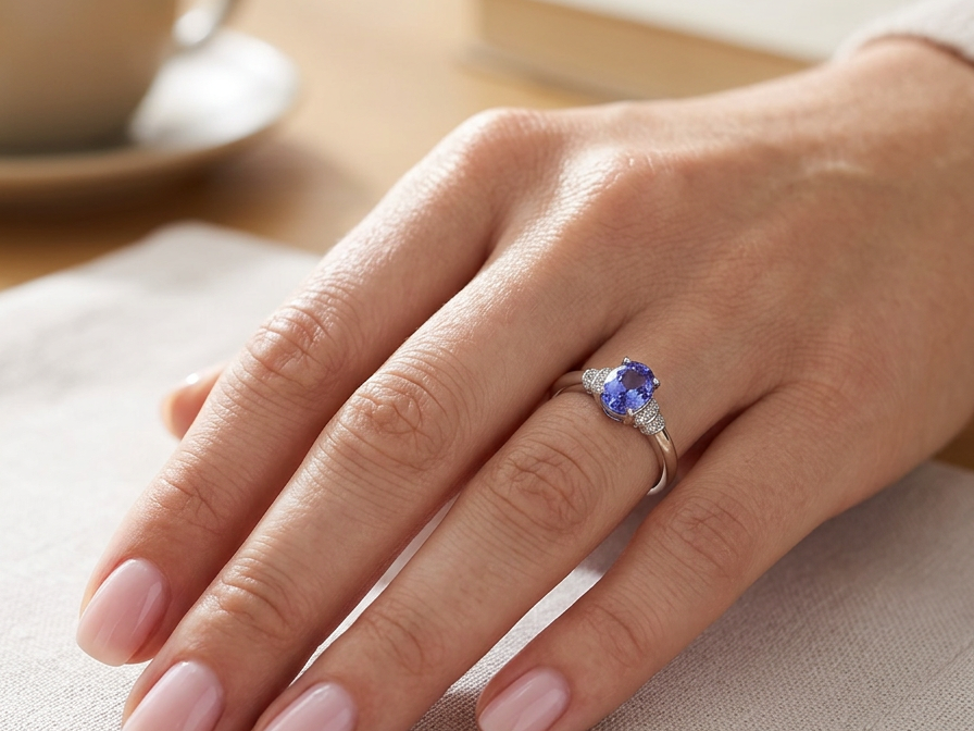 hand A pretty 18 carat white gold ring that features an AAA Tanzanite gem stone. Displaying tones of purple and lilac the stone is oval cut at around 8x6mm (1.47 carat approx)