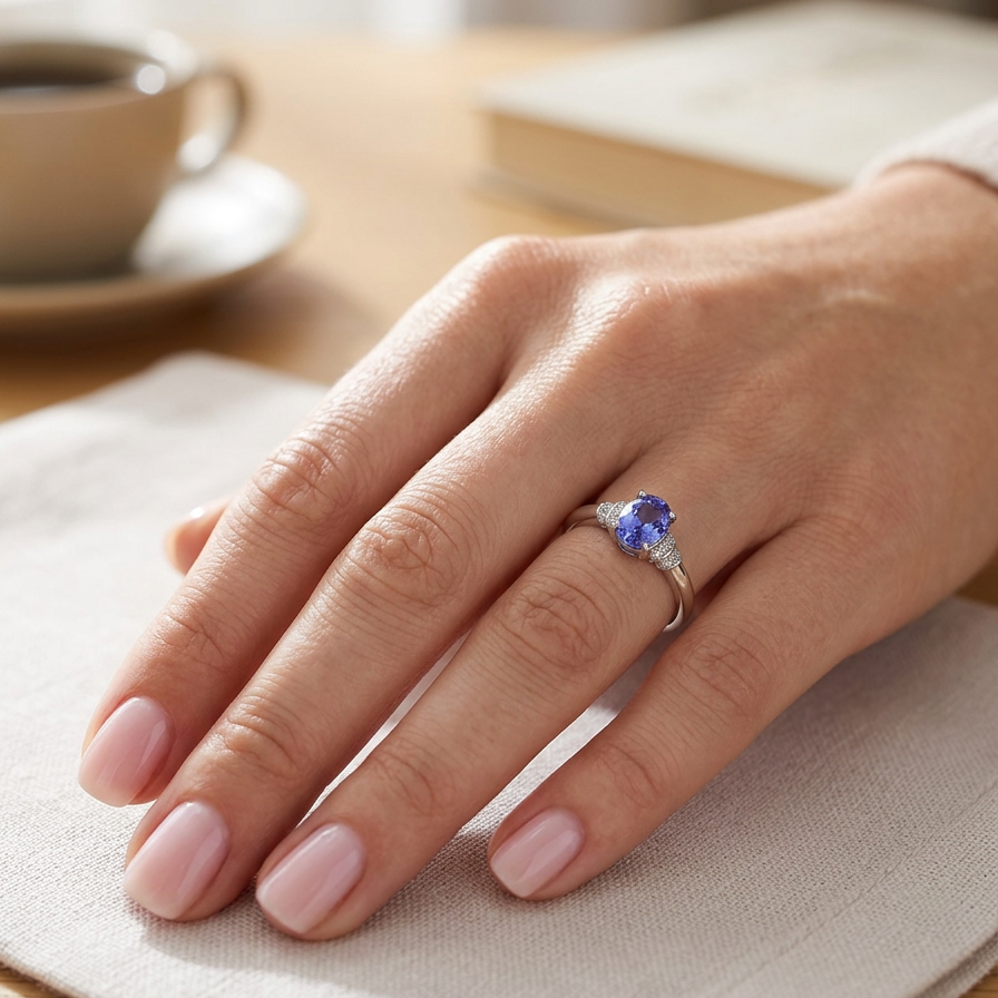 hand A pretty 18 carat white gold ring that features an AAA Tanzanite gem stone. Displaying tones of purple and lilac the stone is oval cut at around 8x6mm (1.47 carat approx)