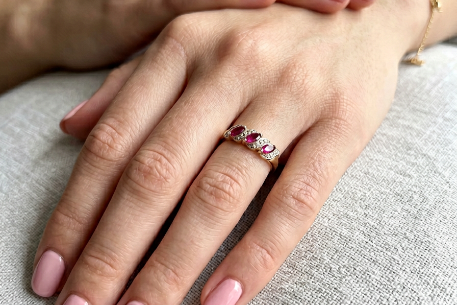 hand A pretty 9 carat gold dress ring. The three rubies are marquise cut, 5x3mm each, and set at an angle .