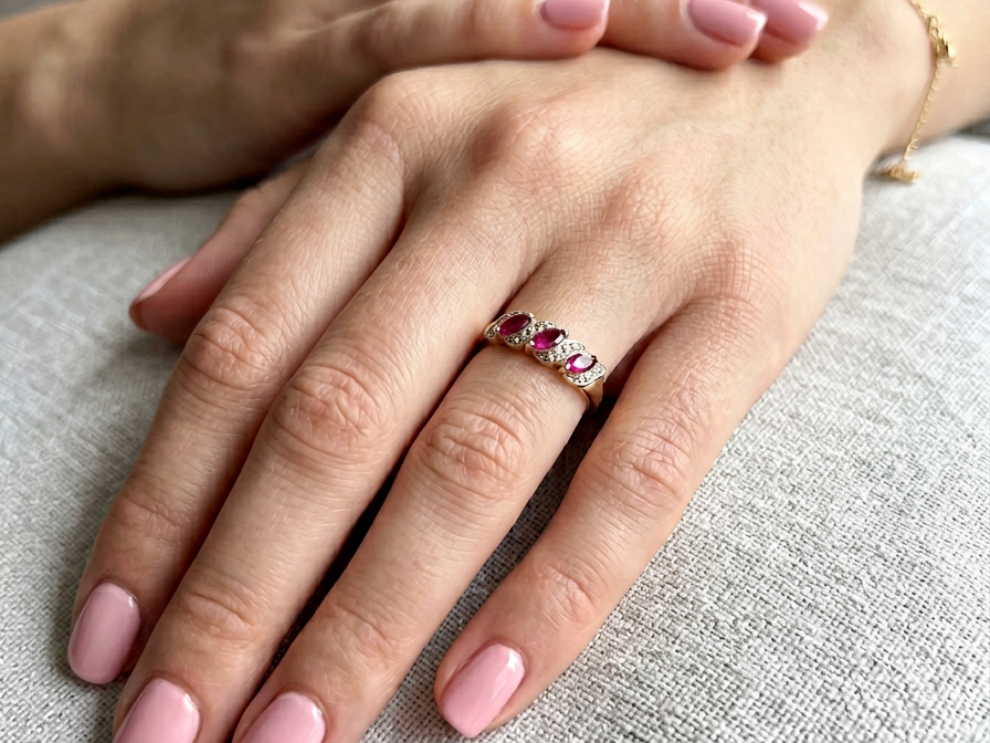 hand A pretty 9 carat gold dress ring. The three rubies are marquise cut, 5x3mm each, and set at an angle .