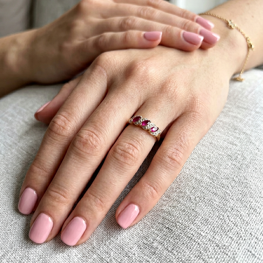 hand A pretty 9 carat gold dress ring. The three rubies are marquise cut, 5x3mm each, and set at an angle .