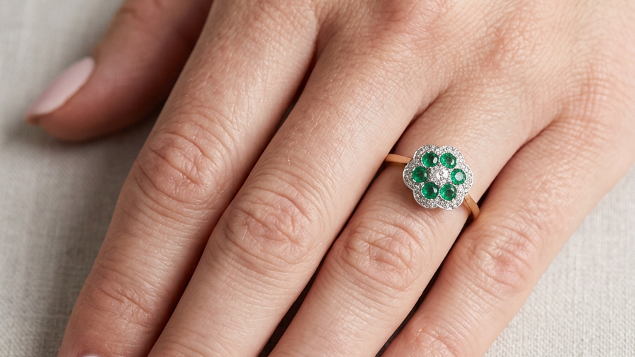 hand A pretty cluster ring. Features emeralds and diamonds. Centre stone a brilliant cut white diamond, measures 4mm (0.25 carats). 