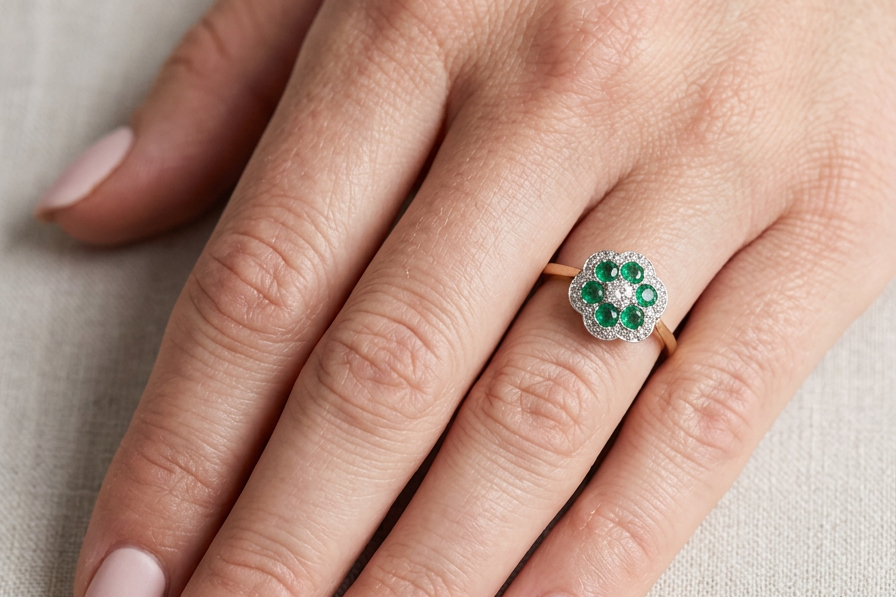hand A pretty cluster ring. Features emeralds and diamonds. Centre stone a brilliant cut white diamond, measures 4mm (0.25 carats). 