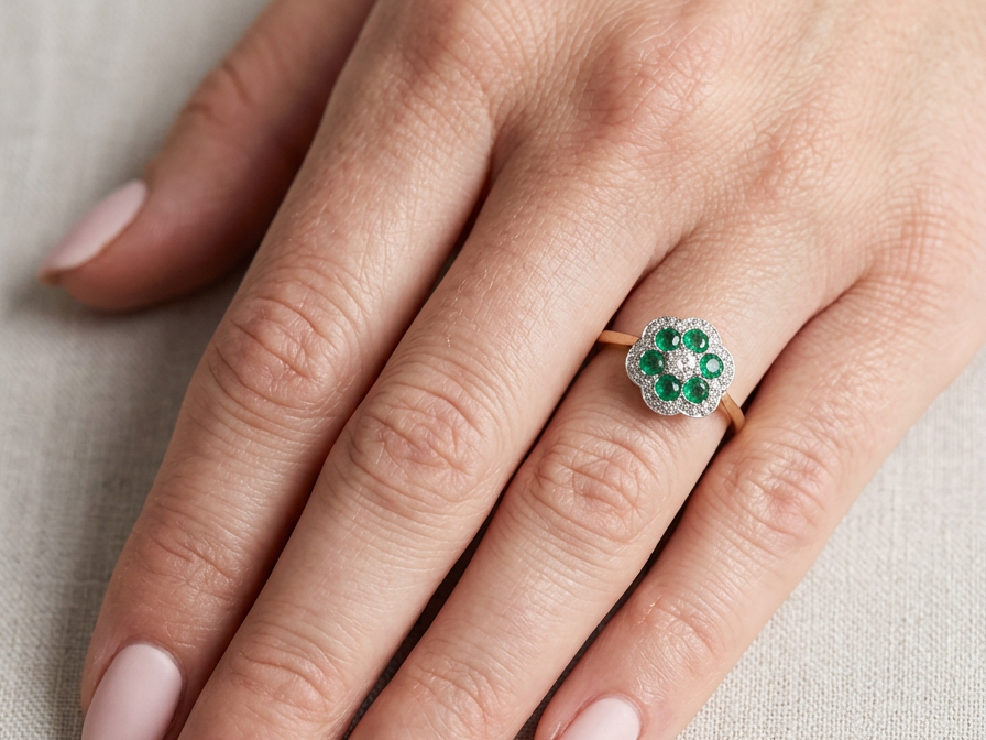 hand A pretty cluster ring. Features emeralds and diamonds. Centre stone a brilliant cut white diamond, measures 4mm (0.25 carats). 
