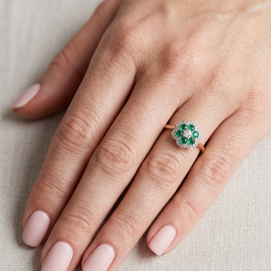 hand A pretty cluster ring. Features emeralds and diamonds. Centre stone a brilliant cut white diamond, measures 4mm (0.25 carats). 