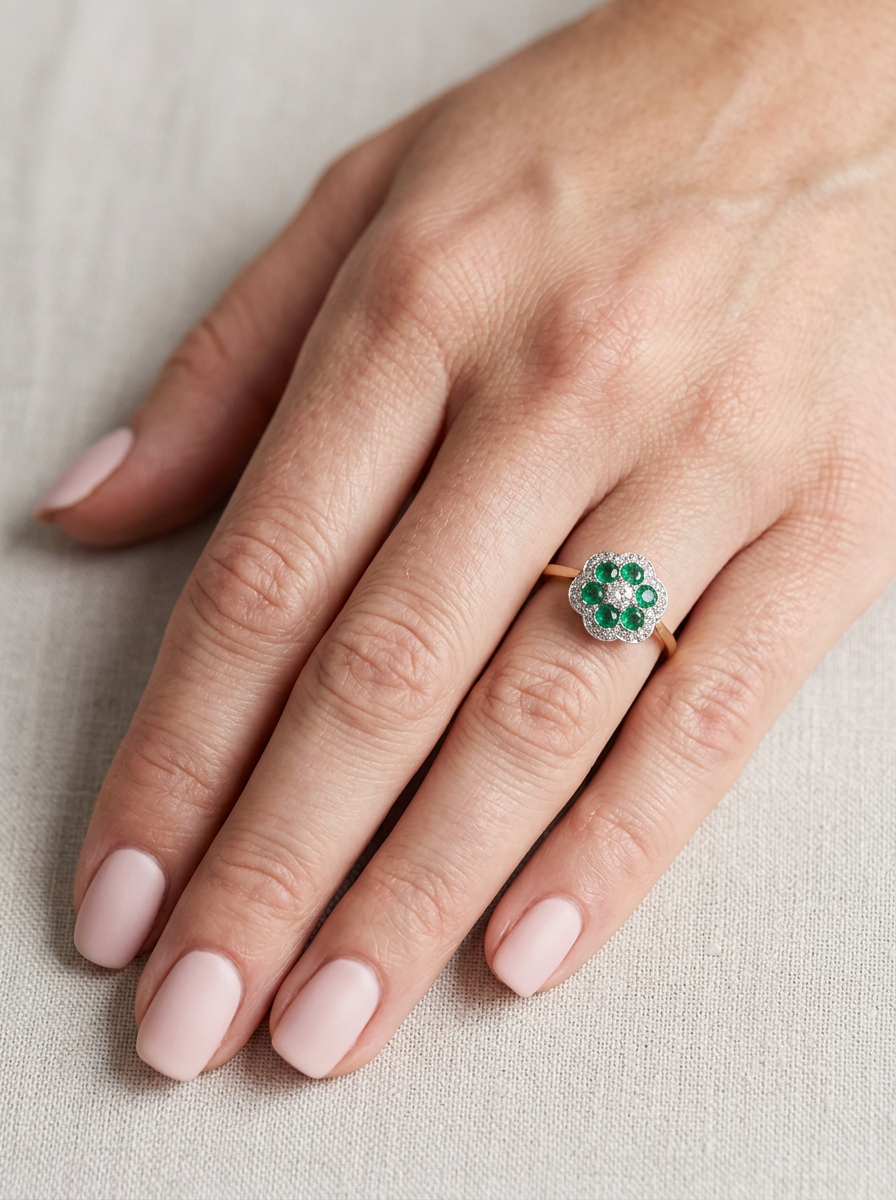 hand A pretty cluster ring. Features emeralds and diamonds. Centre stone a brilliant cut white diamond, measures 4mm (0.25 carats). 