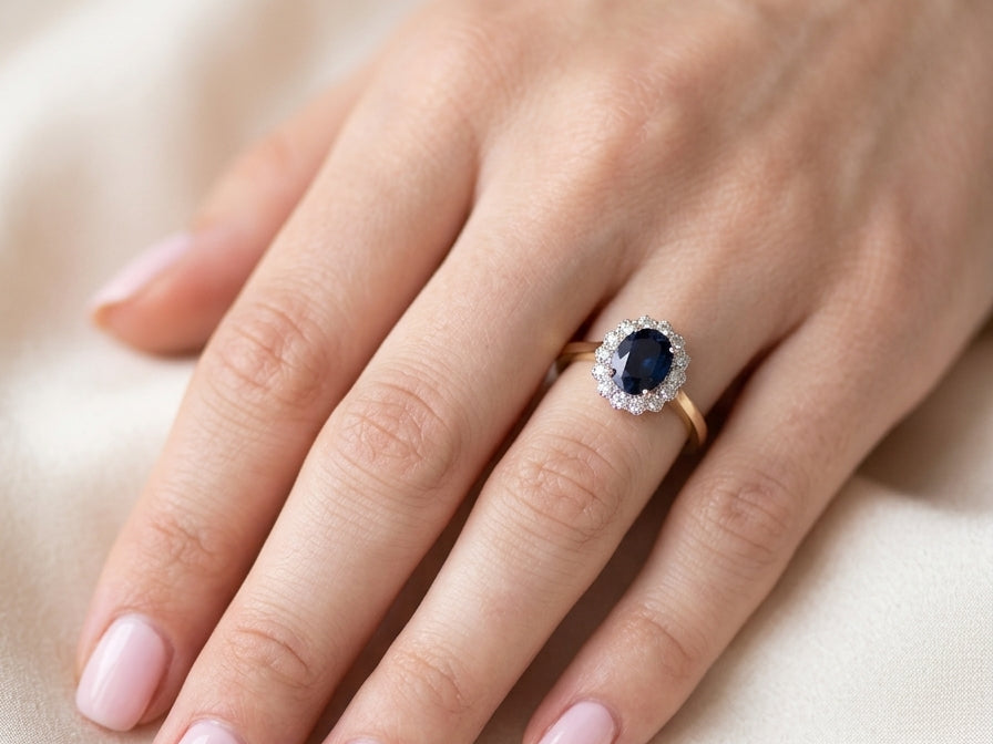 hand A pretty cluster ring that features an inky black blue sapphire that measures 8x6mm. Complimented by an outer border of diamonds