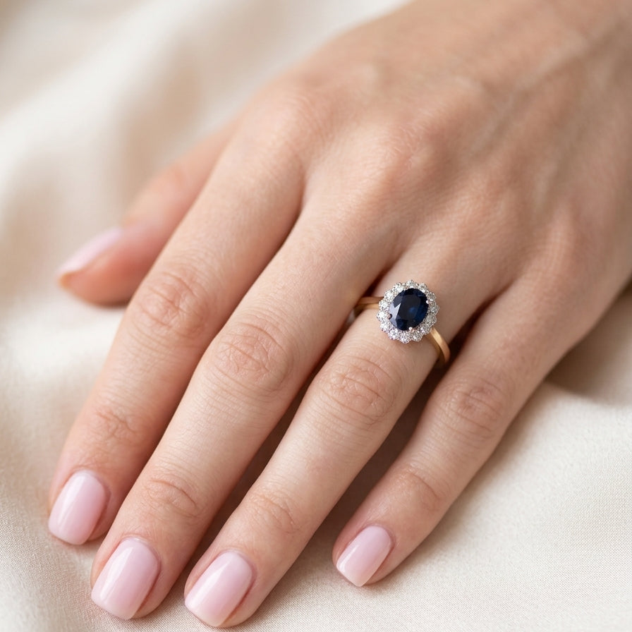hand A pretty cluster ring that features an inky black blue sapphire that measures 8x6mm. Complimented by an outer border of diamonds