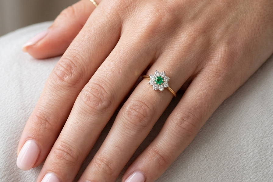 hand A pretty cluster ring that features to the centre a round emerald with diamonds