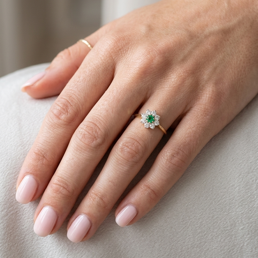 hand A pretty cluster ring that features to the centre a round emerald with diamonds