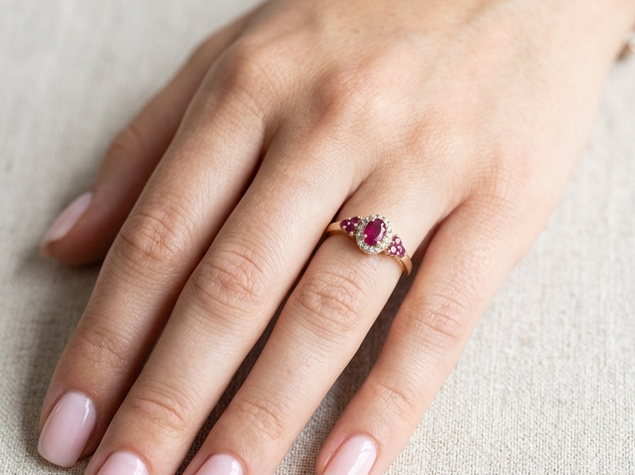 hand A pretty cluster ring that features to the centre an oval cut ruby, 5x4mm, retained by four claws and an outer halo of sixteen small white diamonds, each 1.3mm (total estimated at 0.15 carats) 