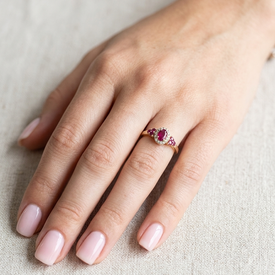 hand A pretty cluster ring that features to the centre an oval cut ruby, 5x4mm, retained by four claws and an outer halo of sixteen small white diamonds, each 1.3mm (total estimated at 0.15 carats) 