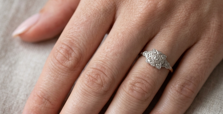 hand A pretty diamond cluster ring from the early part of the 20th century. A square head that has within it small white diamonds, measures 8x8mm, fancy shoulders also set with tiny diamonds.