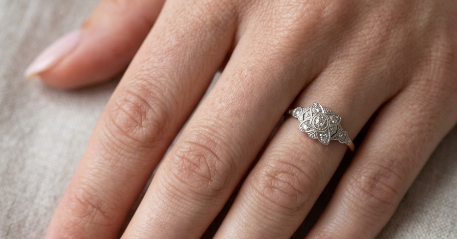 hand A pretty diamond cluster ring from the early part of the 20th century. A square head that has within it small white diamonds, measures 8x8mm, fancy shoulders also set with tiny diamonds.