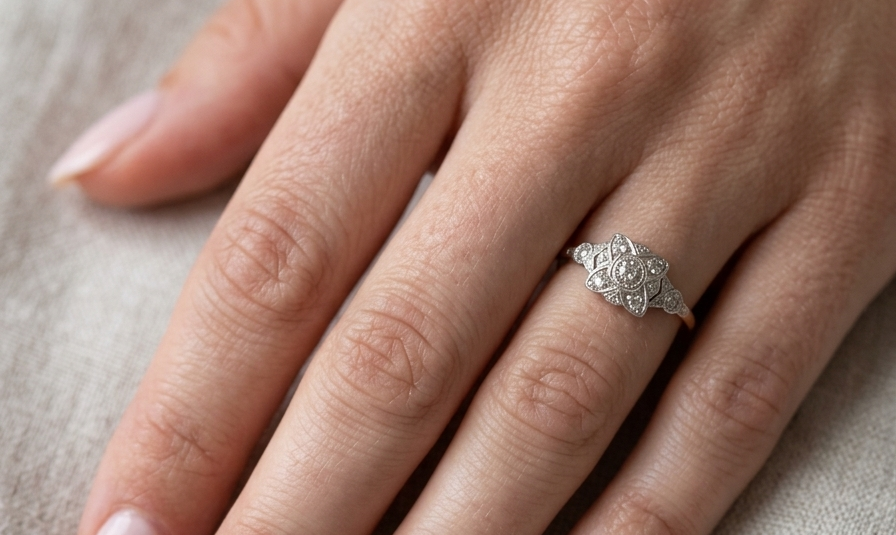hand A pretty diamond cluster ring from the early part of the 20th century. A square head that has within it small white diamonds, measures 8x8mm, fancy shoulders also set with tiny diamonds.
