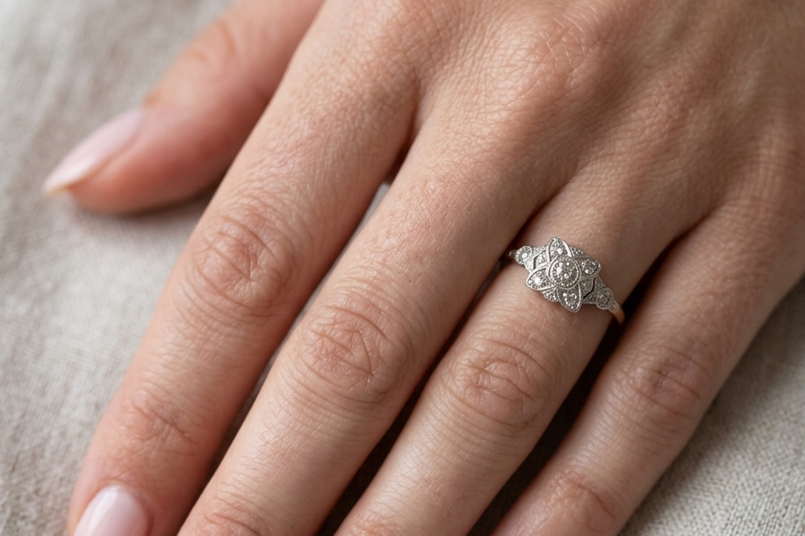 hand A pretty diamond cluster ring from the early part of the 20th century. A square head that has within it small white diamonds, measures 8x8mm, fancy shoulders also set with tiny diamonds.