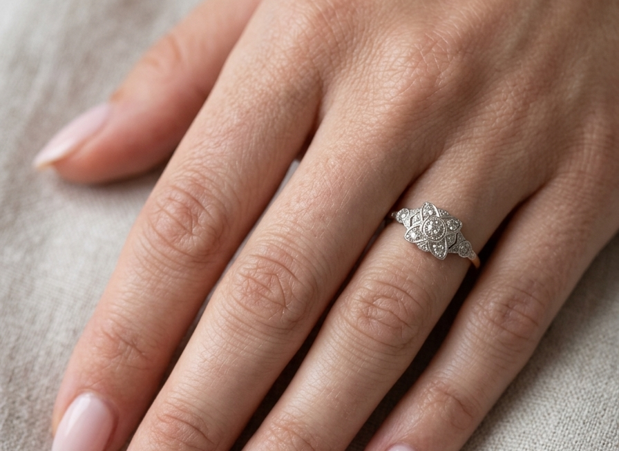hand A pretty diamond cluster ring from the early part of the 20th century. A square head that has within it small white diamonds, measures 8x8mm, fancy shoulders also set with tiny diamonds.