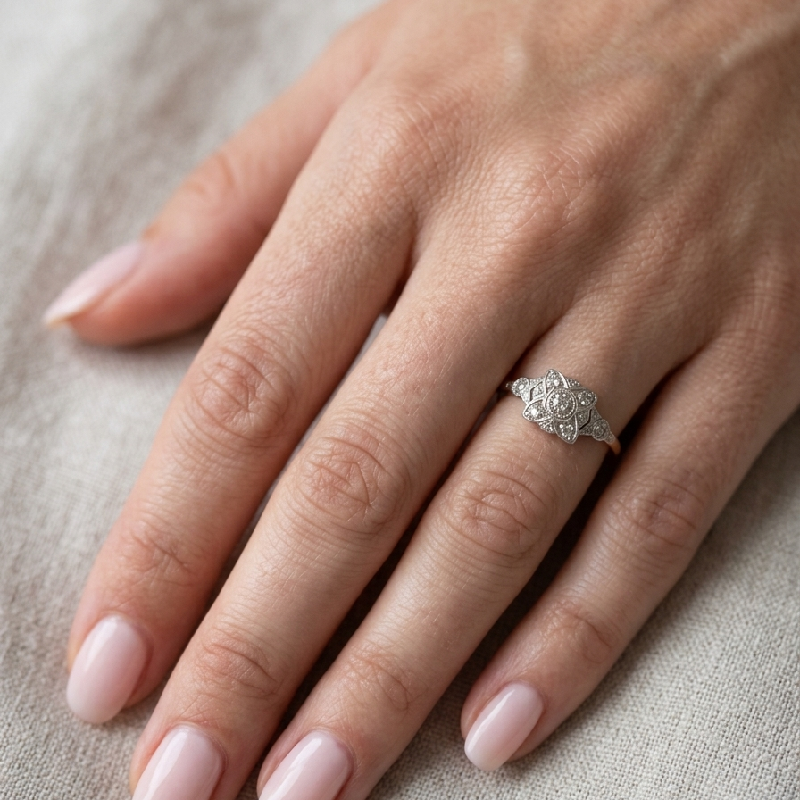 hand A pretty diamond cluster ring from the early part of the 20th century. A square head that has within it small white diamonds, measures 8x8mm, fancy shoulders also set with tiny diamonds.