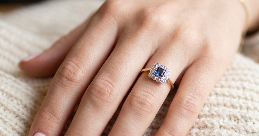 hand A pretty square cluster ring. Features to the centre a cornflower blue square sapphire, 4x4mm (est 0.30 carats) mille grain set.
Complimented by a halo of twelve x 1.5 mm single cut white diamonds