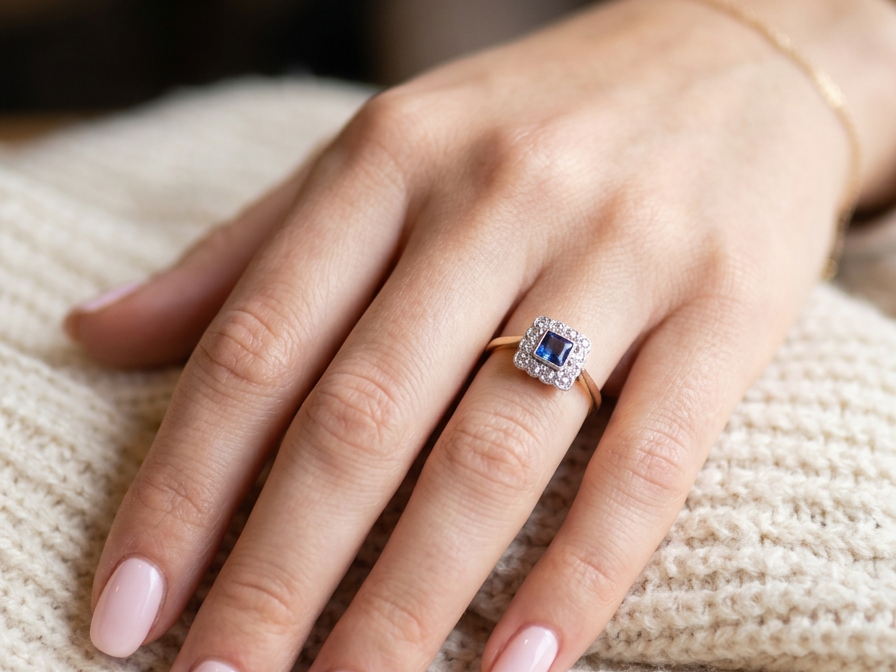 hand A pretty square cluster ring. Features to the centre a cornflower blue square sapphire, 4x4mm (est 0.30 carats) mille grain set.
Complimented by a halo of twelve x 1.5 mm single cut white diamonds
