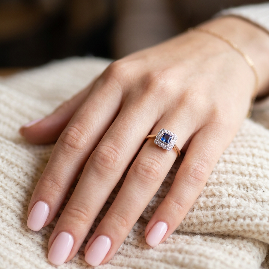 hand A pretty square cluster ring. Features to the centre a cornflower blue square sapphire, 4x4mm (est 0.30 carats) mille grain set.
Complimented by a halo of twelve x 1.5 mm single cut white diamonds