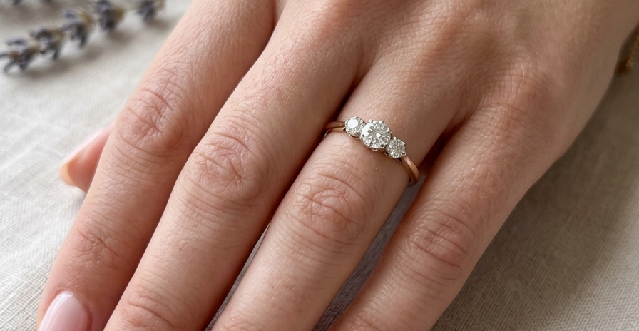 hand A pretty three stone trilogy ring that features three brilliant cut white diamonds.
Centre diamond, 5mm (est 0.50 carats) each side a 4mm diamond (est 0.25 carats). Colour G-h, clarity Si. Platinum rim style setting, head measures 12.7x5.3mm, depth 5.3mm, weight 2.4grams.