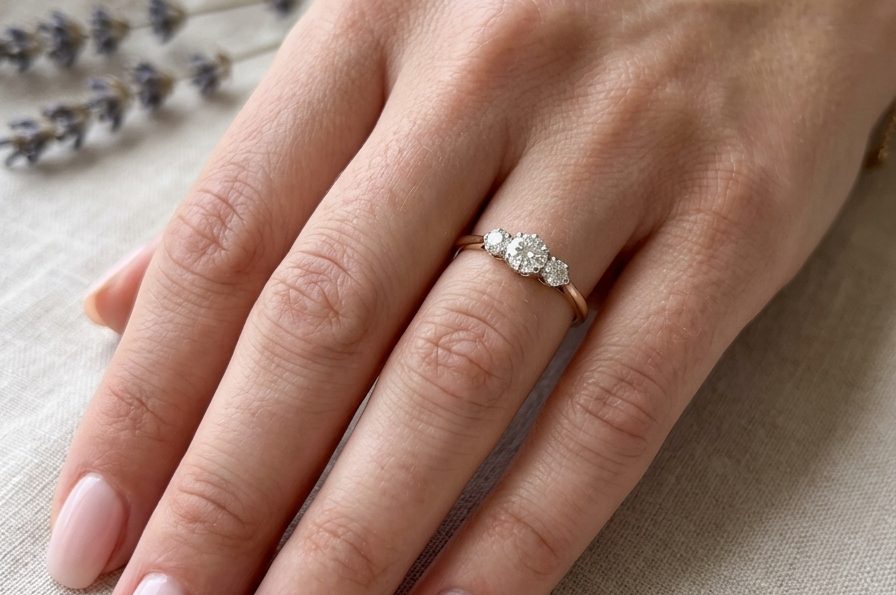 hand A pretty three stone trilogy ring that features three brilliant cut white diamonds.
Centre diamond, 5mm (est 0.50 carats) each side a 4mm diamond (est 0.25 carats). Colour G-h, clarity Si. Platinum rim style setting, head measures 12.7x5.3mm, depth 5.3mm, weight 2.4grams.