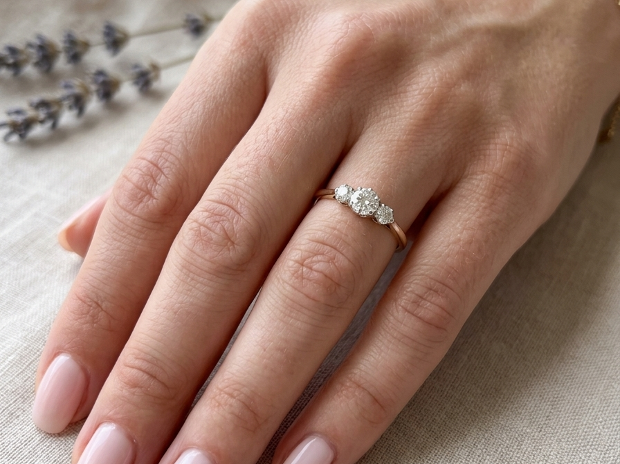 hand A pretty three stone trilogy ring that features three brilliant cut white diamonds.
Centre diamond, 5mm (est 0.50 carats) each side a 4mm diamond (est 0.25 carats). Colour G-h, clarity Si. Platinum rim style setting, head measures 12.7x5.3mm, depth 5.3mm, weight 2.4grams.