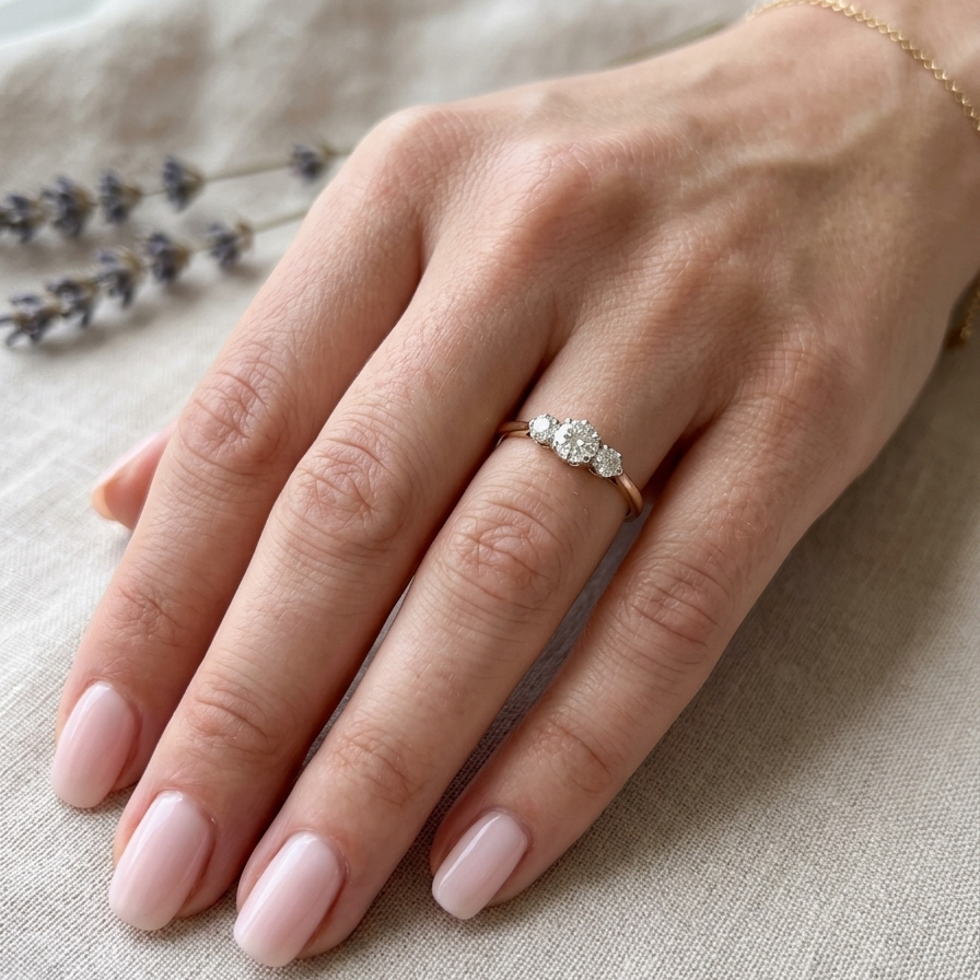 hand A pretty three stone trilogy ring that features three brilliant cut white diamonds.
Centre diamond, 5mm (est 0.50 carats) each side a 4mm diamond (est 0.25 carats). Colour G-h, clarity Si. Platinum rim style setting, head measures 12.7x5.3mm, depth 5.3mm, weight 2.4grams.