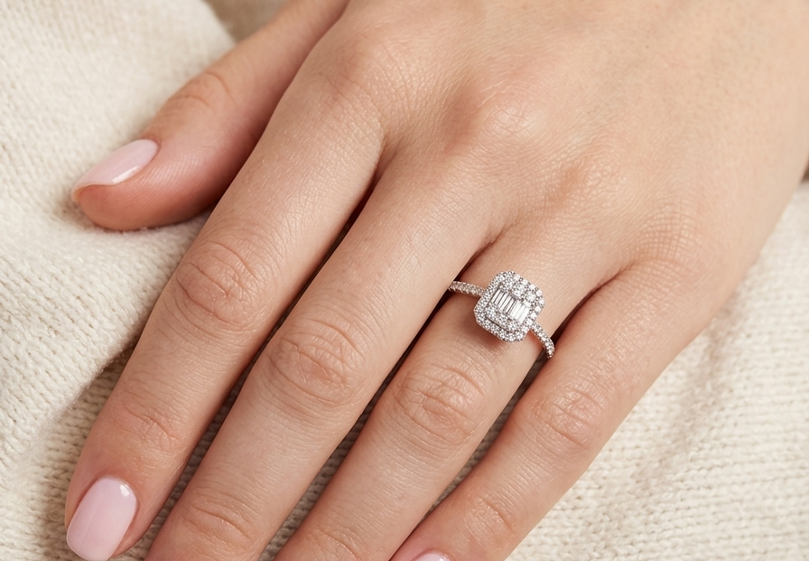 hand A rectangular diamond cluster ring. Centre portion is set with three baguette cut white diamonds 3x1.6mm and six mixed cut diamonds 2mm each.
Surrounded by a halo of twenty two small round diamonds