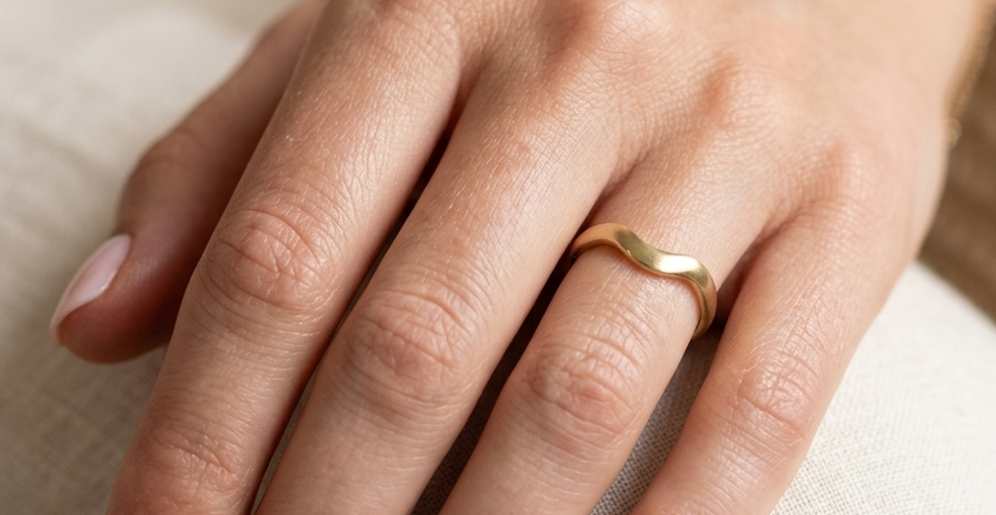 hand A shaped 18 carat yellow gold ring. Band width just under 3mm, weight 2.8grams.
