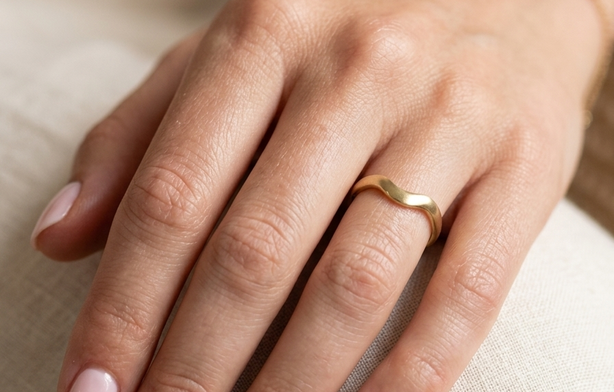 hand A shaped 18 carat yellow gold ring. Band width just under 3mm, weight 2.8grams.