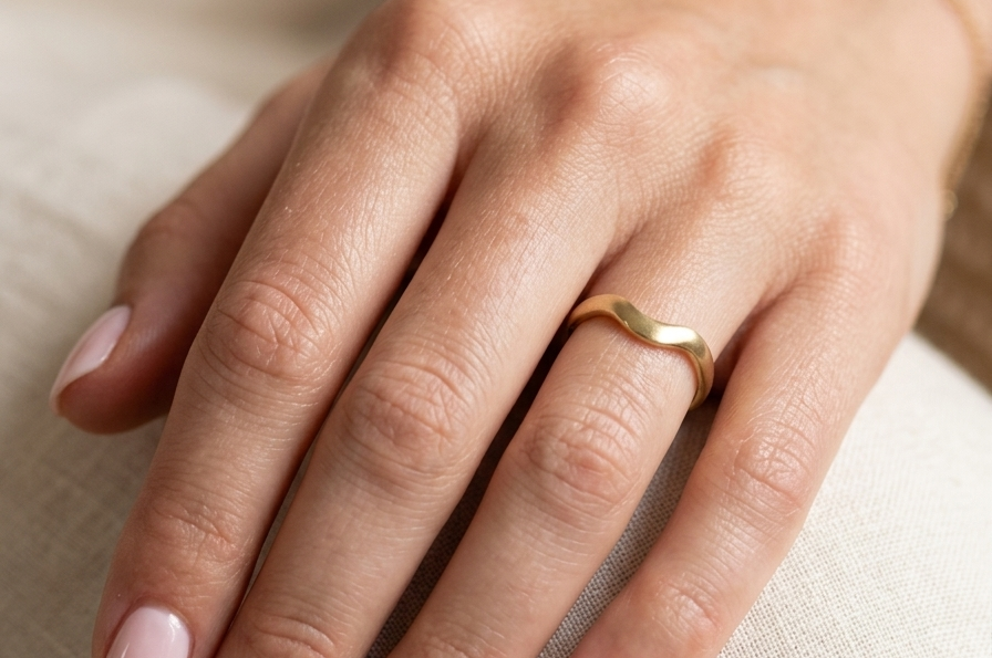 hand A shaped 18 carat yellow gold ring. Band width just under 3mm, weight 2.8grams.