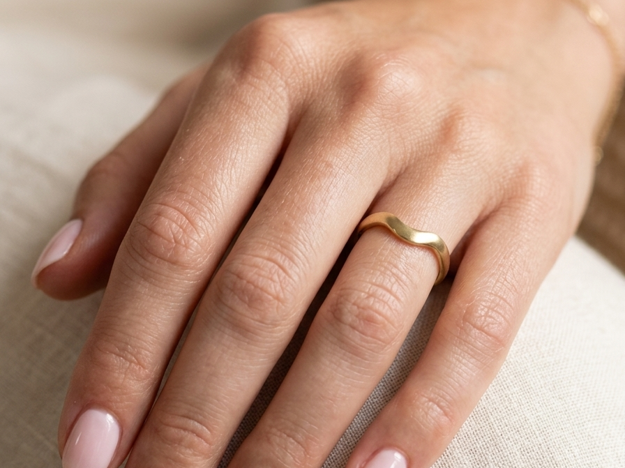 hand A shaped 18 carat yellow gold ring. Band width just under 3mm, weight 2.8grams.