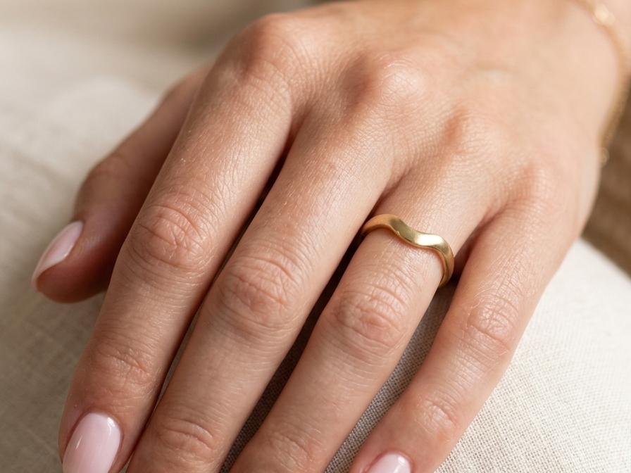 hand A shaped 18 carat yellow gold ring. Band width just under 3mm, weight 2.8grams.
