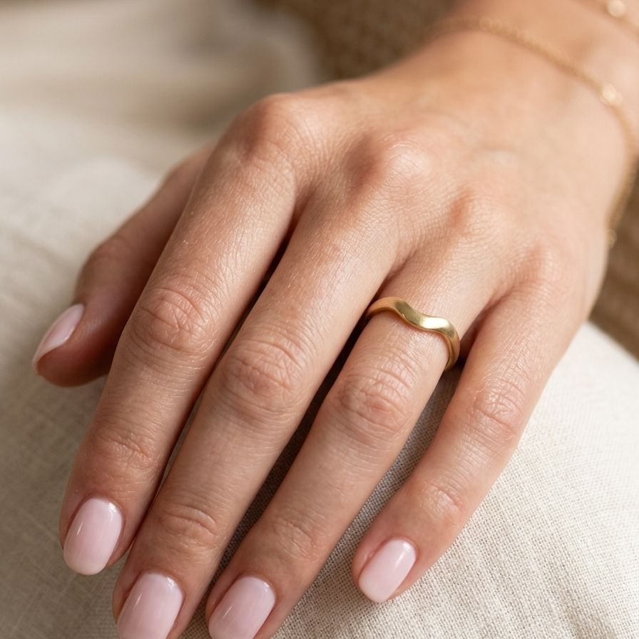 hand A shaped 18 carat yellow gold ring. Band width just under 3mm, weight 2.8grams.