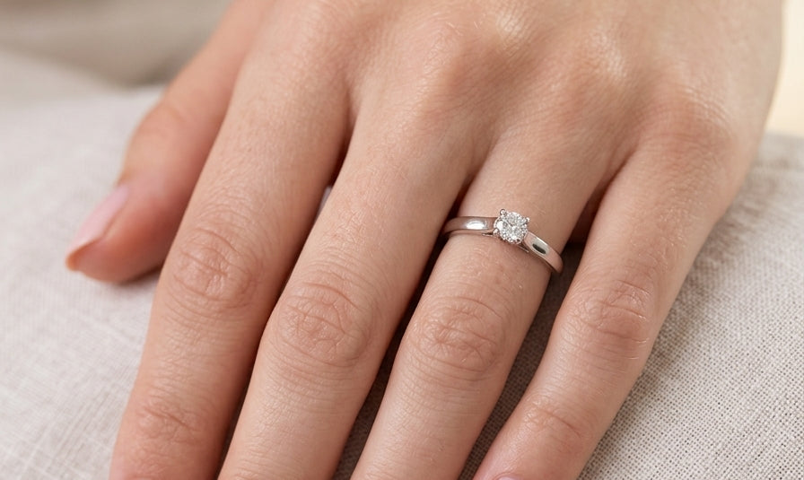 hand A single stone solitaire diamond ring. The modern brilliant cut white diamond measures 3.9mm (0.22 carats est) Colour G-h, clarity VS.