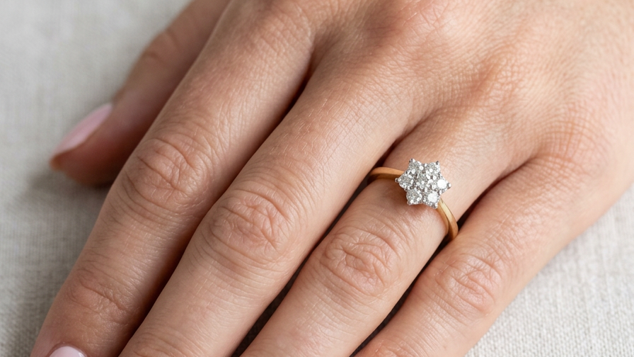 hand A small cluster ring set with seven bright white brilliant cut white diamonds.
Head measures 8.5mm, each diamond measures 2.8mm (total 0.50 carats