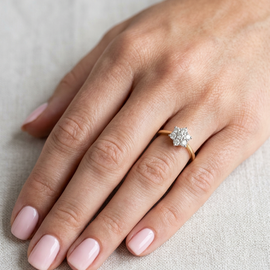 hand A small cluster ring set with seven bright white brilliant cut white diamonds.
Head measures 8.5mm, each diamond measures 2.8mm (total 0.50 carats