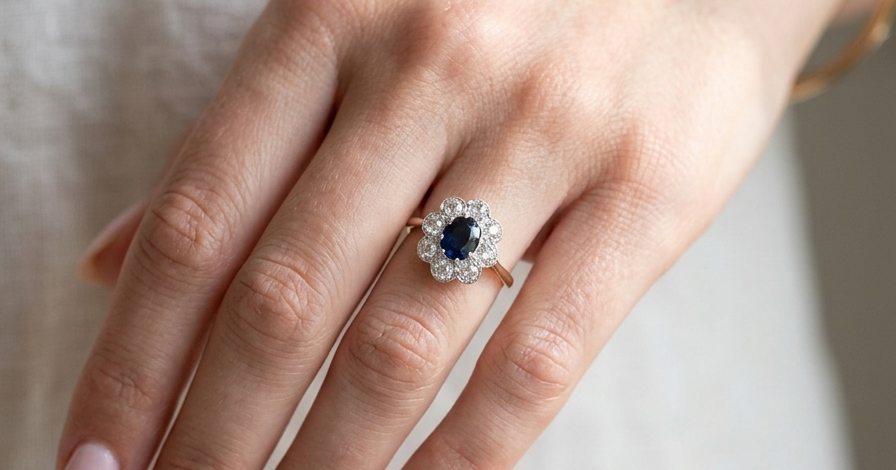 hand A striking vintage sapphire and diamond cluster ring dating from the 1930s–1940s, beautifully crafted in platinum and 18 carat gold. At the centre sits a richly coloured oval-cut sapphire of deep inky blue-black hue, measuring approximately 7 x 5mm and estimated at 0.75 carats.